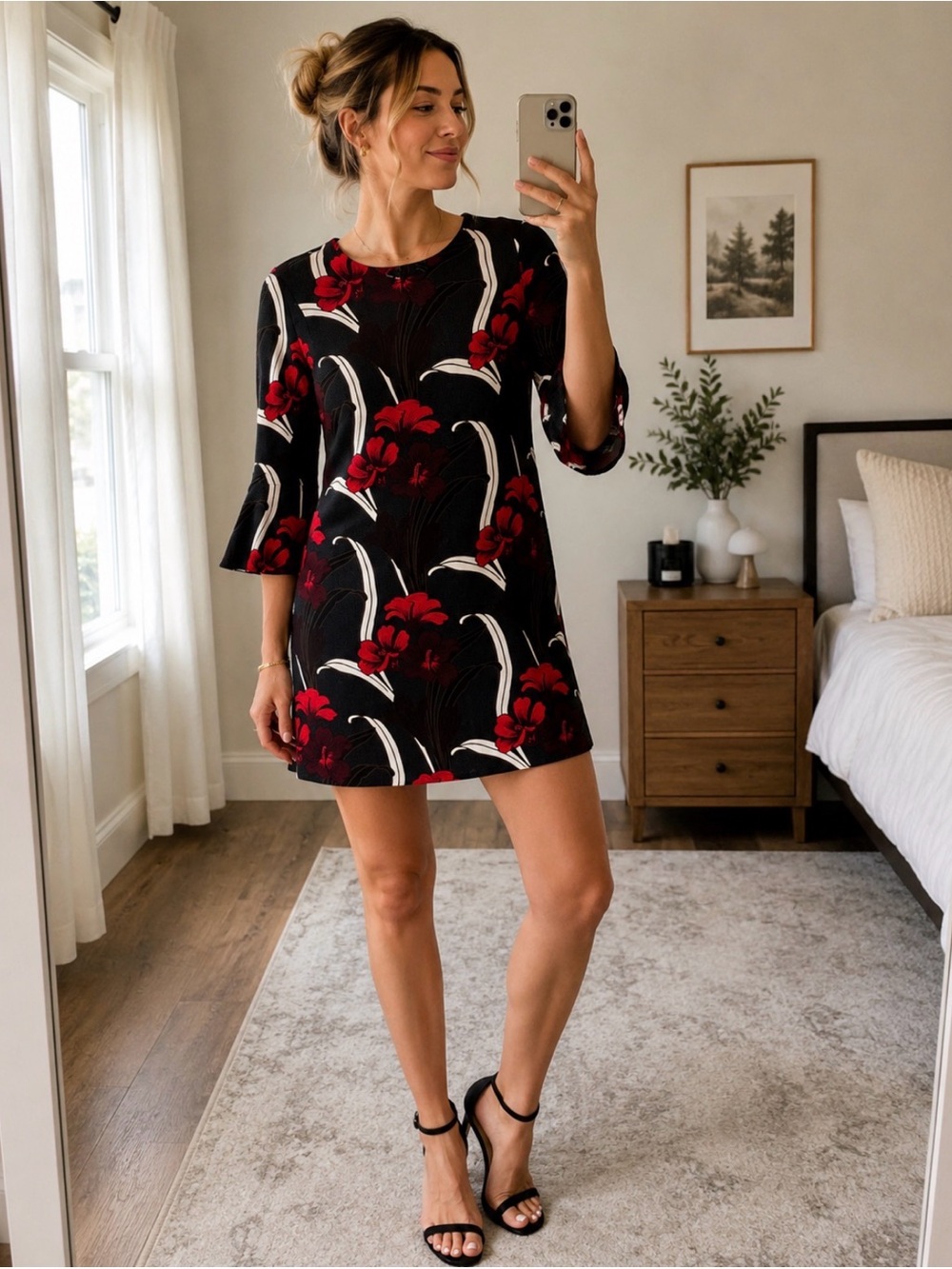 Ann Taylor Cocktail Black Red Floral Shift Bell Sleeve Dress Size XS